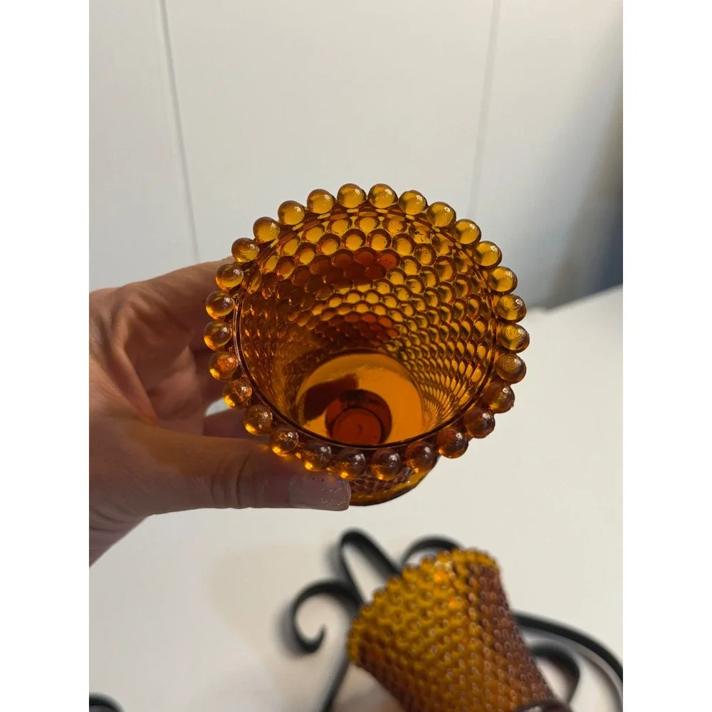 VTG Homco Wall Sconce Candle Holders Amber Hobnail Ribbed Glass‎ Black Metal X 3